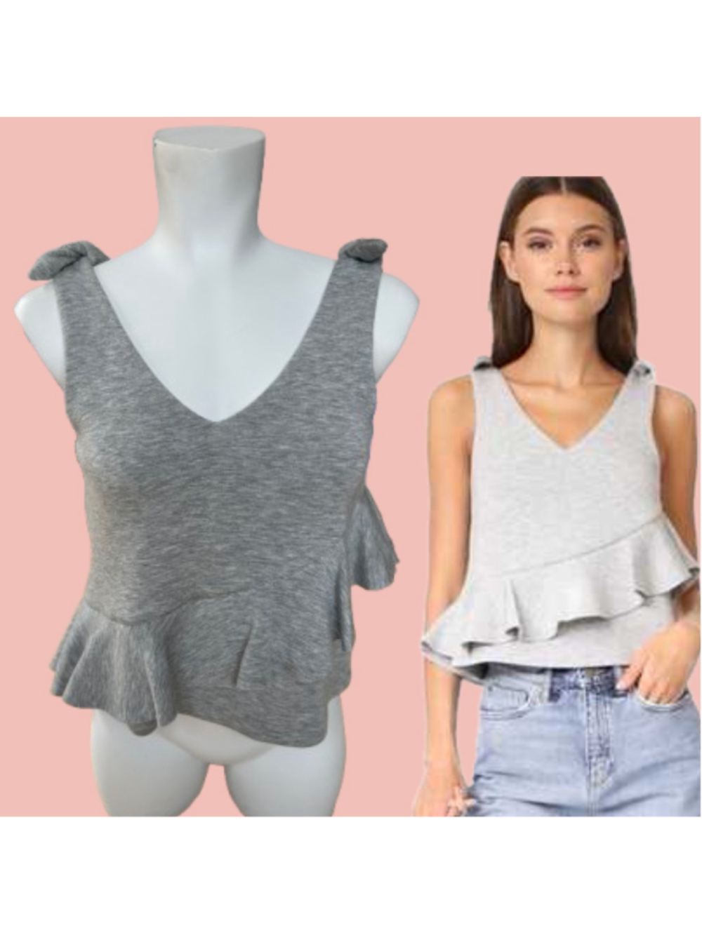 Club Monaco Grey Ruffle Tank Top Size S/P Soft Knit Sleeveless Top